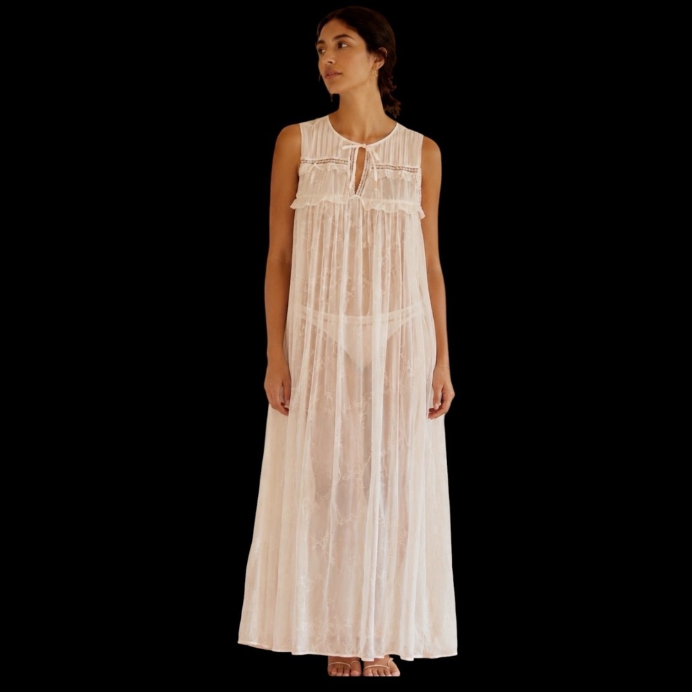 Anthropologie Sheer Sleep Dress Coral Pink Embroidered Maxi Nightgown S